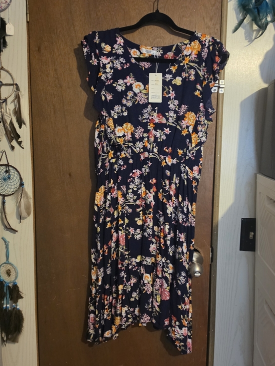 Julia Dresses & Skirts - NWT Floral Navy Midi Dress with Pink & Yellow Blooms